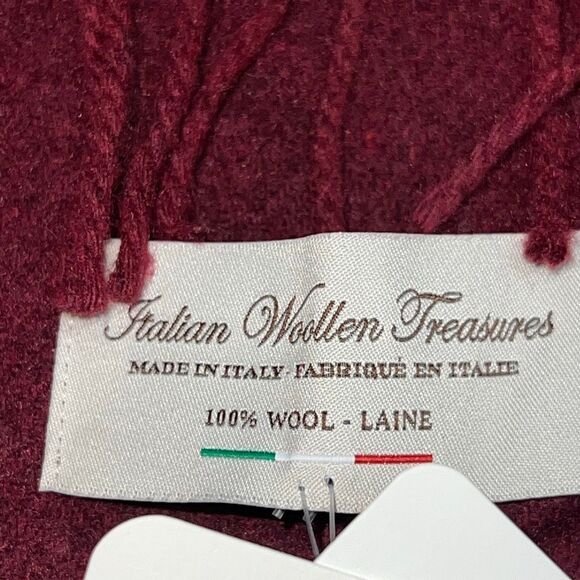 Italian Woollen Treasures, 100% Wool Made in Italy Fringed Scarf Burgundy - Picture 5 of 10